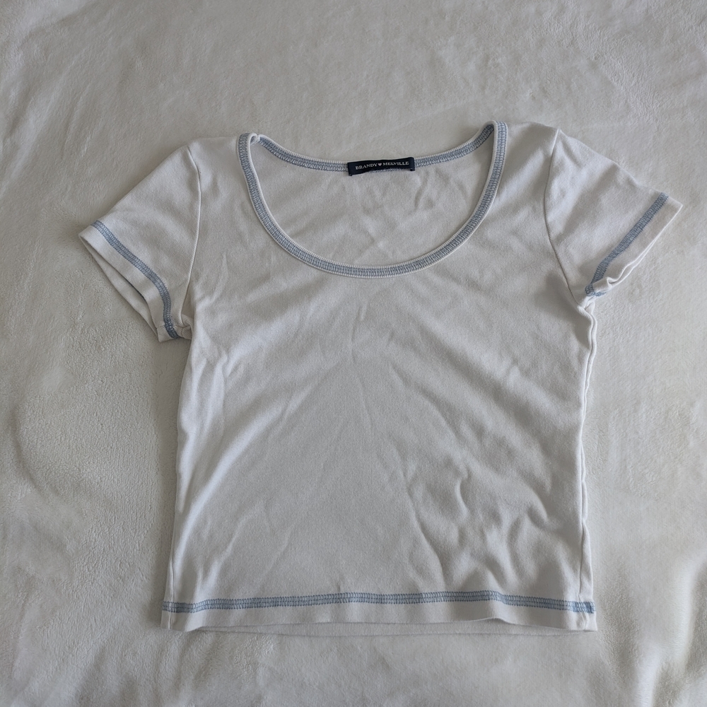 Brandy Melville White With Blue Stitching Top One Size